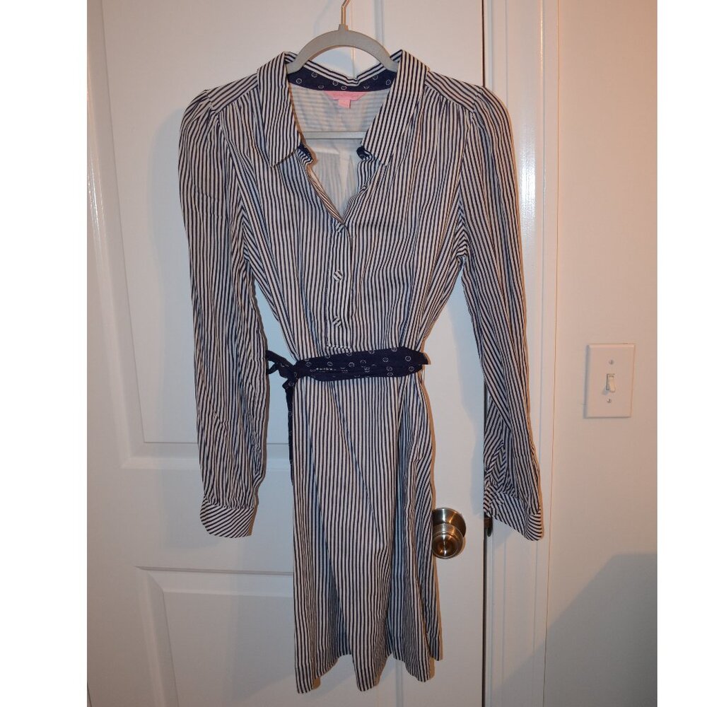 Lily Pulitzer lbutton-down white and navy striped dress with belt